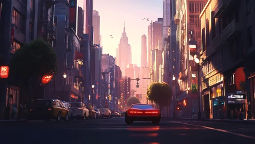 Sunlit city cruise with a lone car at golden hour glow.