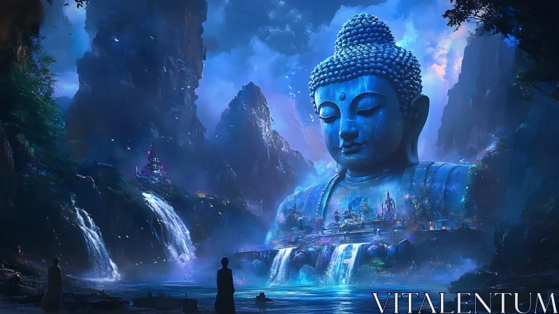 Colossal blue Buddha over mystical waterfall sanctuary.