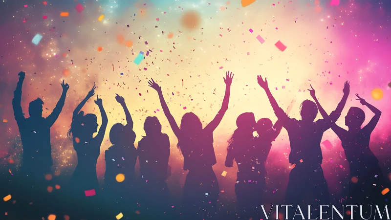 Silhouetted revelers dance beneath a confetti-tinted sky.