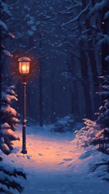 Snowy forest path lit by single warm streetlamp at dusk.