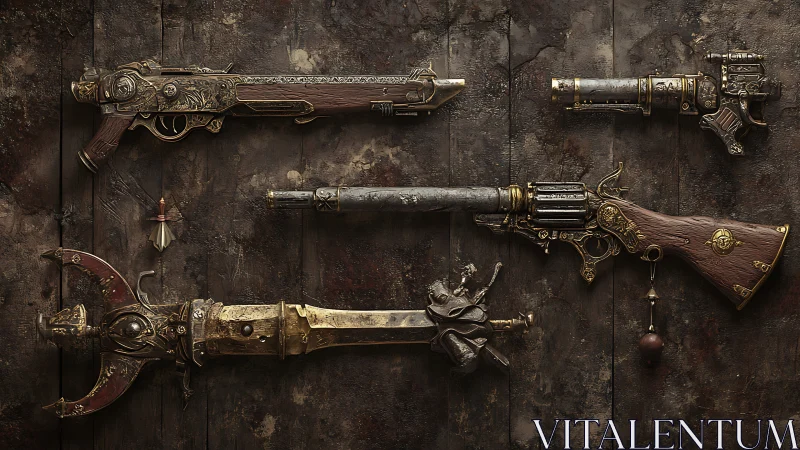 Steampunk rifles and pistols mounted on weathered wooden wall