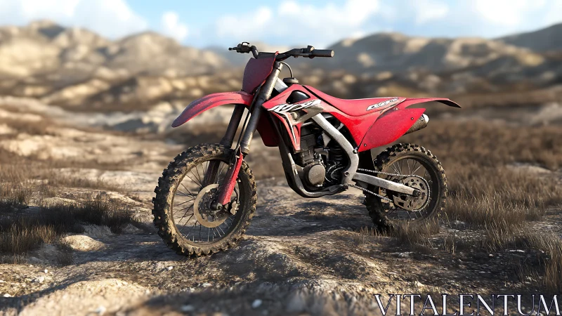 Red off-road dirt bike in sunlit rocky desert environment.