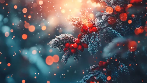 Snow-dusted red berries glow warmly in a dreamy winter dusk