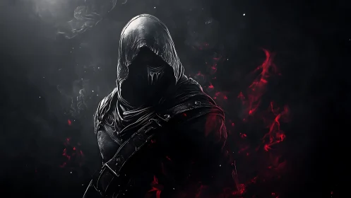 Shadowborn rogue steps from embers, cloaked in burning night