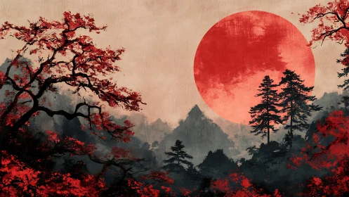 Crimson sun over misty pines in stylized sumi-e landscape.