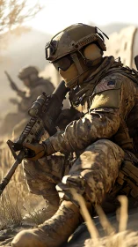 Calm desert moment with a focused modern soldier at rest.