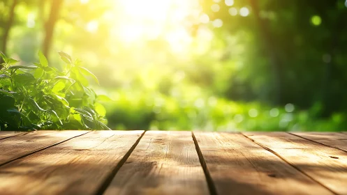 Sunlit Wooden Table in Lush Green Garden, Soft Focus Background.