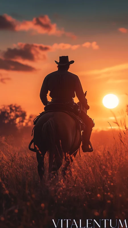Lone rider drifts into ember dusk on glowing prairie trail.