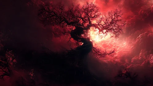 Twisted dark tree against fiery red storm sky.