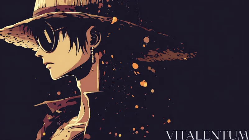 Straw-hatted drifter dissolves into drifting ember dusk