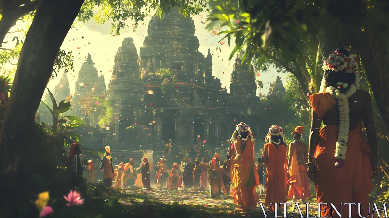 Procession of robed figures approaching ornate stone temple.