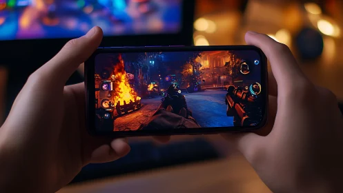 Mobile Gaming Interface: First-Person Action Gameplay Display.