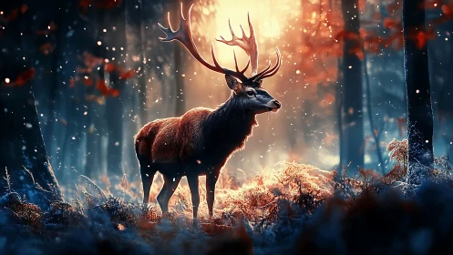 Majestic stag under winter forest sunrise glow.