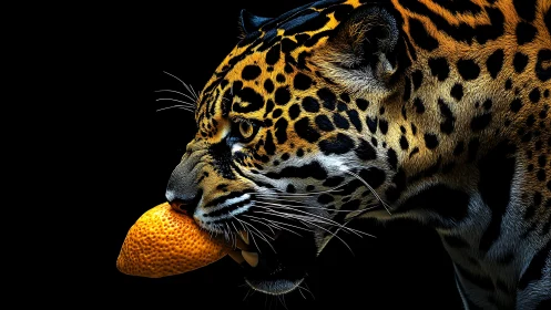 Bold jaguar gently carries textured orange fruit in darkness