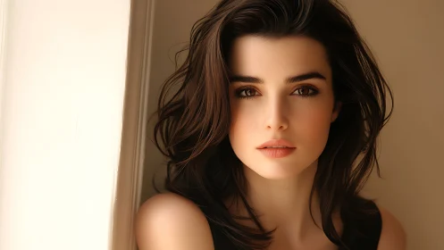 Soft-lit muse poised in golden hush by a quiet window.