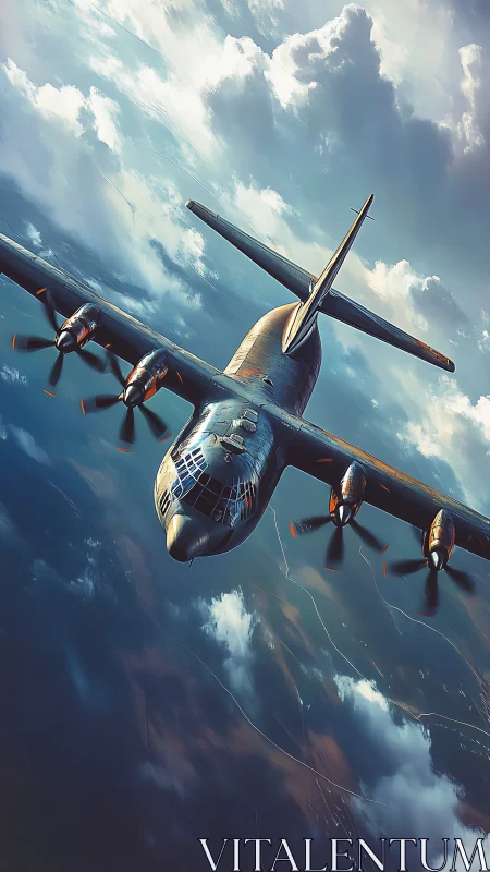 Four engine military transport plane cutting through clouds.