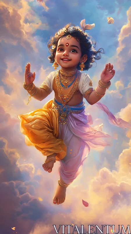 Radiant celestial child dancing through sunrise clouds.