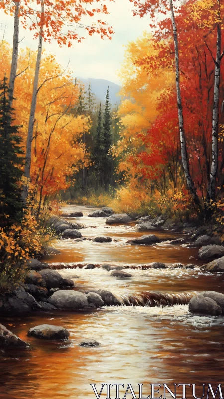 Golden autumn river flows gently through a glowing forest
