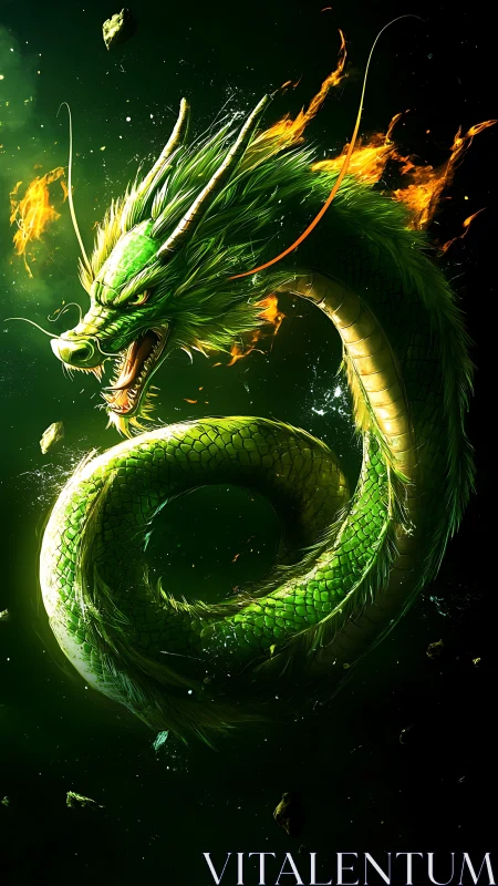Green serpentine dragon coiled in space with fiery mane.