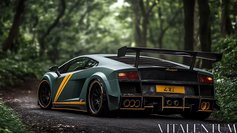 Powerful green supercar pauses boldly on a forest road