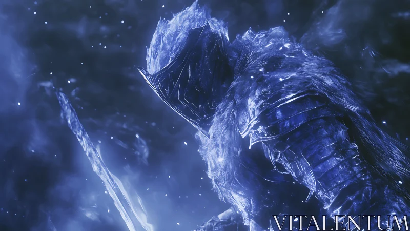 Crystal knight warrior emerges within swirling blue void.