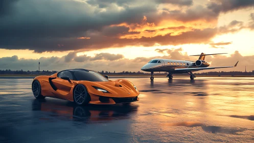 Aero-automotive symmetry on wet tarmac at sunset glow.