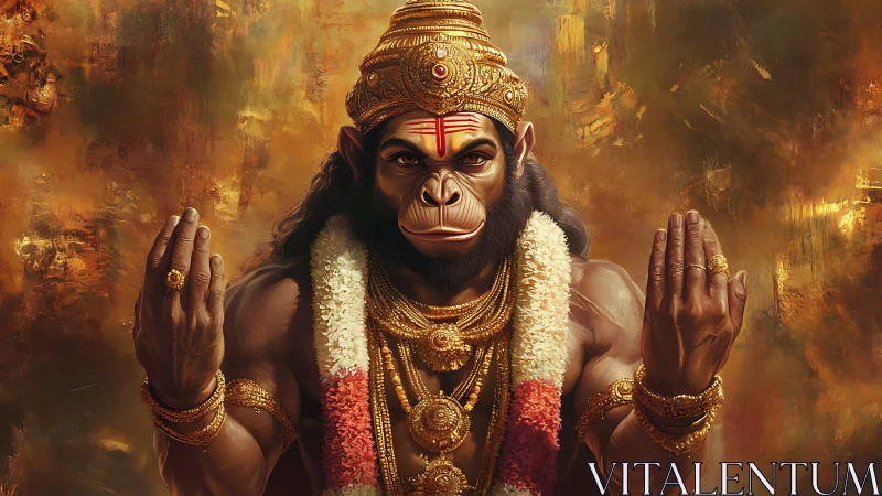 Hyperreal simian deity portrait with gold regalia and gesture
