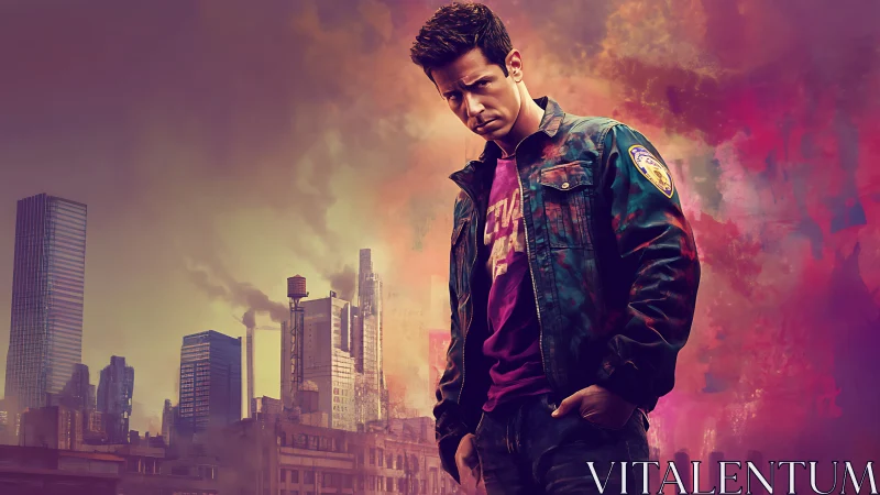 Brooding young man in cityscape with vivid smoke backdrop.