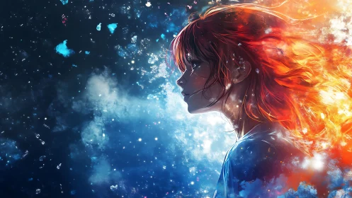 Dreamy stargazer girl wrapped in swirling fire and ice.
