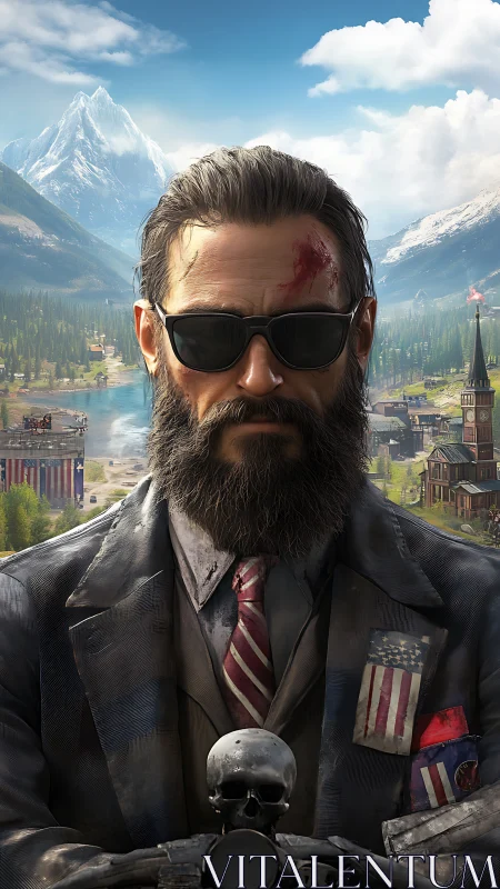 Bearded cult leader stands over idyllic mountain town.