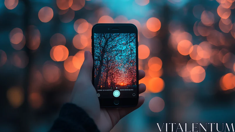 Hand captures glowing sunset bokeh through smartphone lens