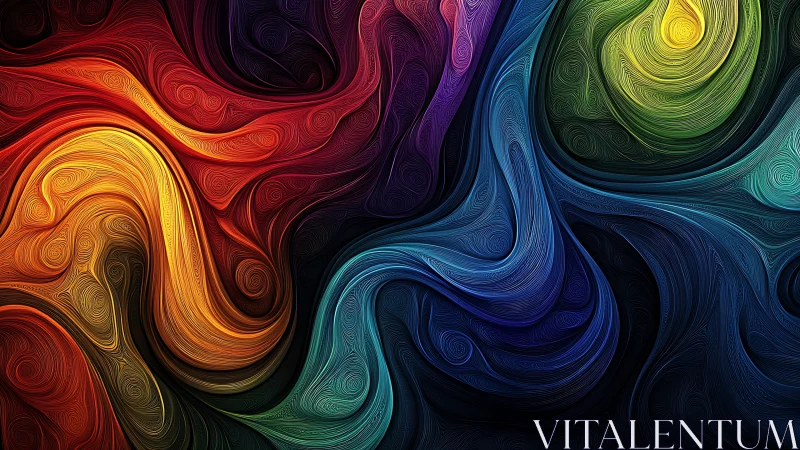 Multicolor fluid vortices with layered linework and deep contrast.