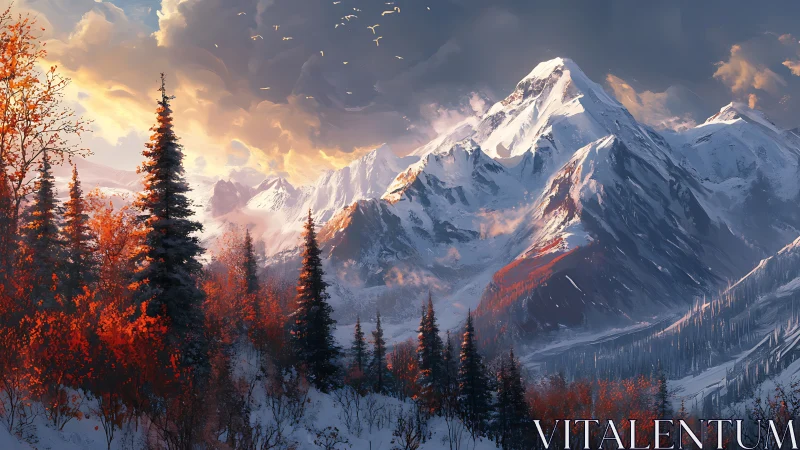 Crimson forests trade secrets with snow crowned mountain giants