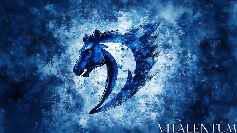 Blue digital horse logo on textured abstract background.