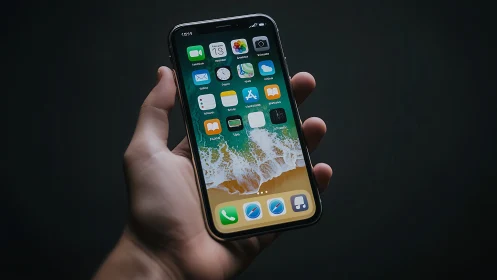 Hand holding iPhone with home screen and beach wallpaper