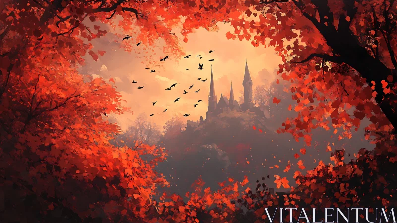 Autumn forest vignette framing distant spired castle at dusk