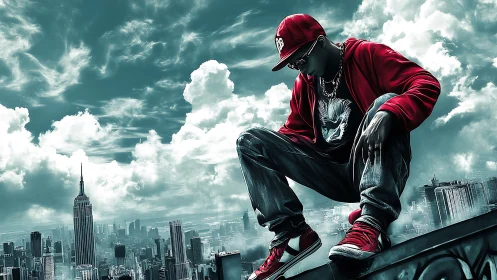 Skyline stoop king in crimson over storm-tinted cityscape.