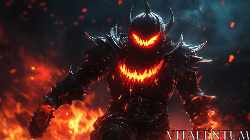Infernal pumpkin warlord in black spiked armor amid firestorm