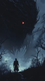 Lone wanderer faces colossal shadow beast in stormy night.