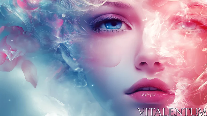 Dreamlike ethereal portrait glows in soft pink and blue light