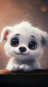 Wide-eyed white puppy portrait with dreamy soft glow.