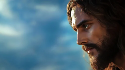 Profile of contemplative man against glowing sky backdrop.