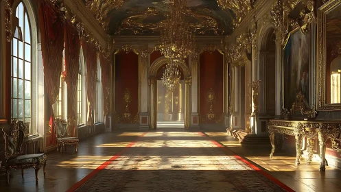 Sunlit baroque palace gallery with gilded chandeliers glowing.