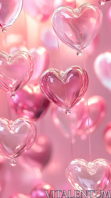 Translucent Pink Glass Hearts Suspended in Glowing Bokeh