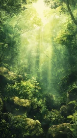 Forest interior with directional light filtered through dense canopy.