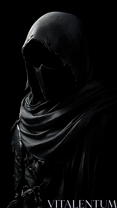 Hooded dark wraith in textured cloak under sculpted shadows.