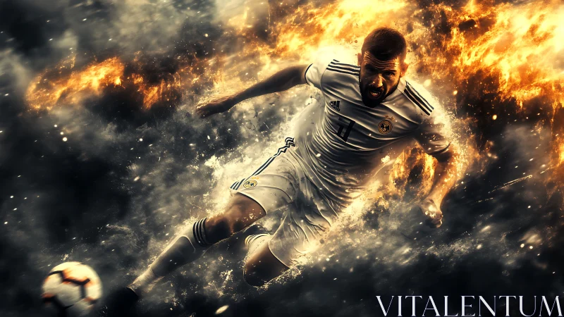 Dynamic football striker in fiery particle explosion effect