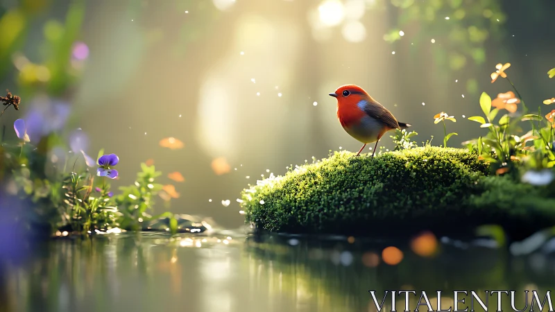 Robin on Mossy Rock in Magical Forest, Soft Focus Nature Art.