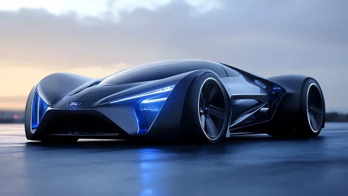 Sleek midnight-blue concept car glowing on a wet runway.