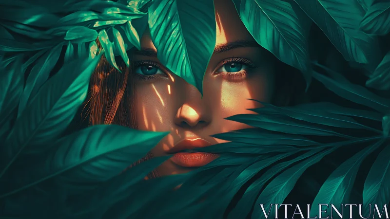 Woman’s face framed by dense teal jungle leaves in light.
